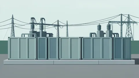 A row of large industrial battery containers on a concrete pad near a high-voltage substation.