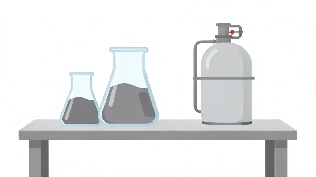 A laboratory bench featuring glass beakers with metallic powder and a small industrial hydrogen storage tank.