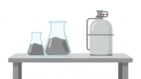 A laboratory bench featuring glass beakers with metallic powder and a small industrial hydrogen storage tank.