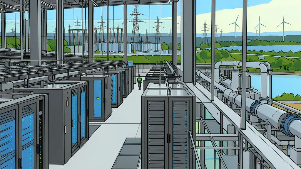 Flat vector illustration of server racks in a data center with heat waves rising