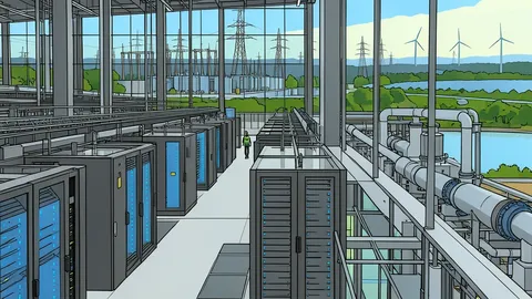 Flat vector illustration of server racks in a data center with heat waves rising