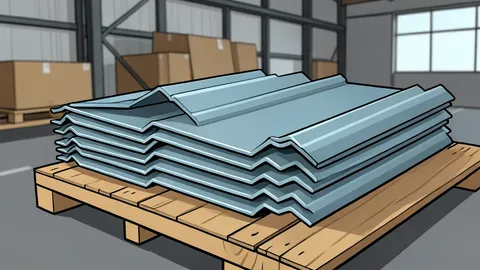 A large industrial manufacturing facility with metal roofing panels stacked in rows