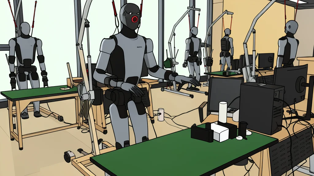 A flat-vector illustration of a bipedal humanoid robot standing in a clean, minimalist industrial facility.