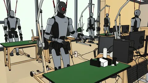 A flat-vector illustration of a bipedal humanoid robot standing in a clean, minimalist industrial facility.