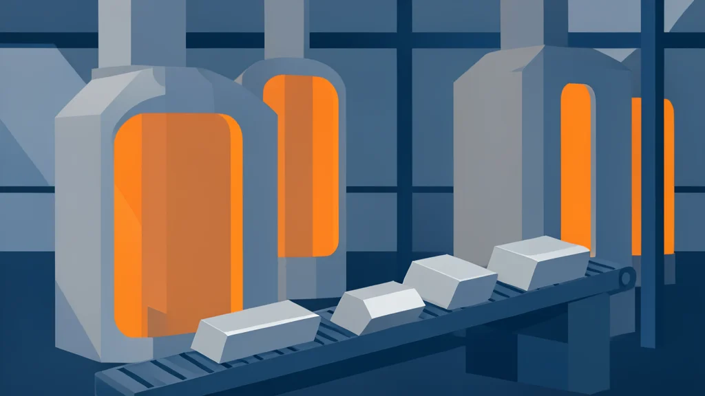 Industrial vacuum induction melting furnaces and metal alloy ingots in a factory setting