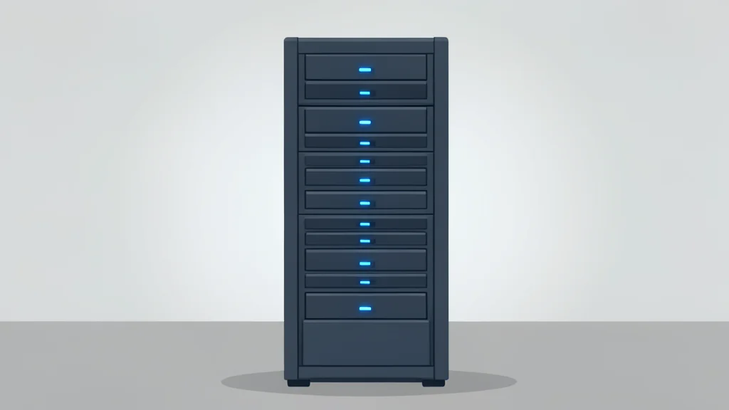 A stylized illustration of a server rack in a data center with glowing blue lights.