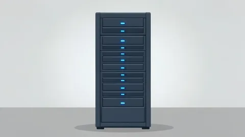 A stylized illustration of a server rack in a data center with glowing blue lights.