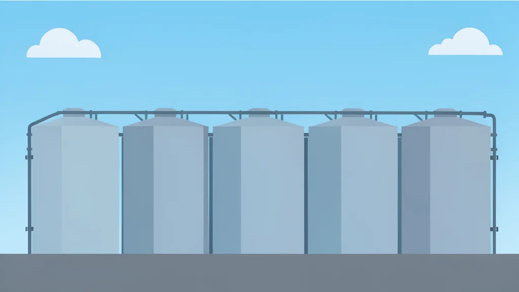A row of industrial oil storage tanks under a clear sky