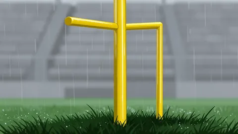 A flat vector illustration of a green football field with white yard lines and goalposts.