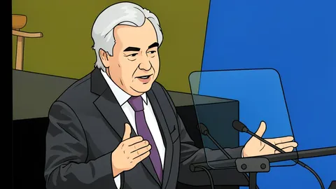 A flat vector illustration of the United Nations General Assembly hall interior, featuring rows of empty blue chairs and a central podium, with no text or people.