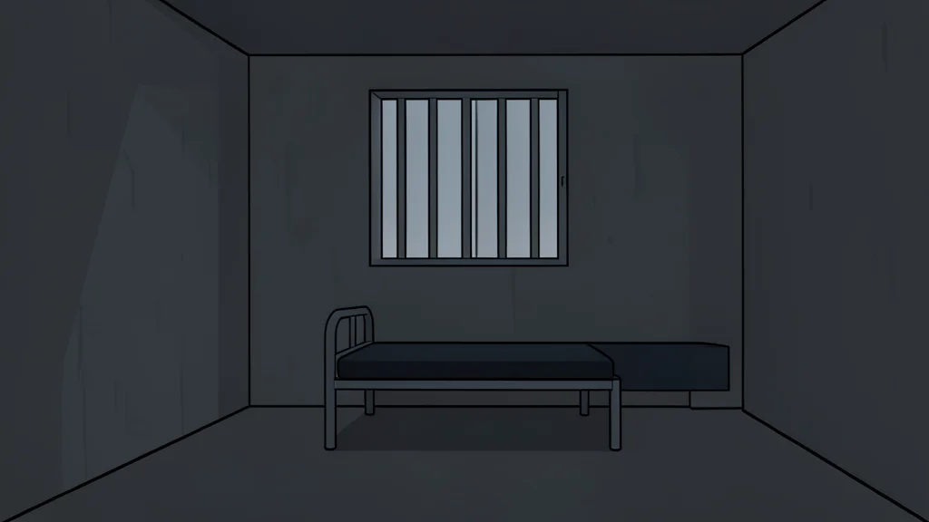 A dimly lit, unventilated concrete prison cell with a single barred window and a small metal bed.