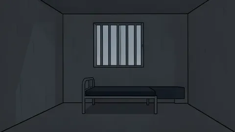 A dimly lit, unventilated concrete prison cell with a single barred window and a small metal bed.