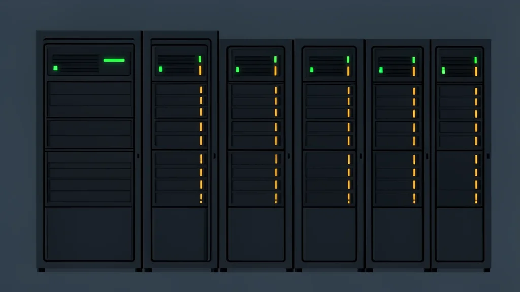 A row of industrial server racks with blinking status lights in a dark data center