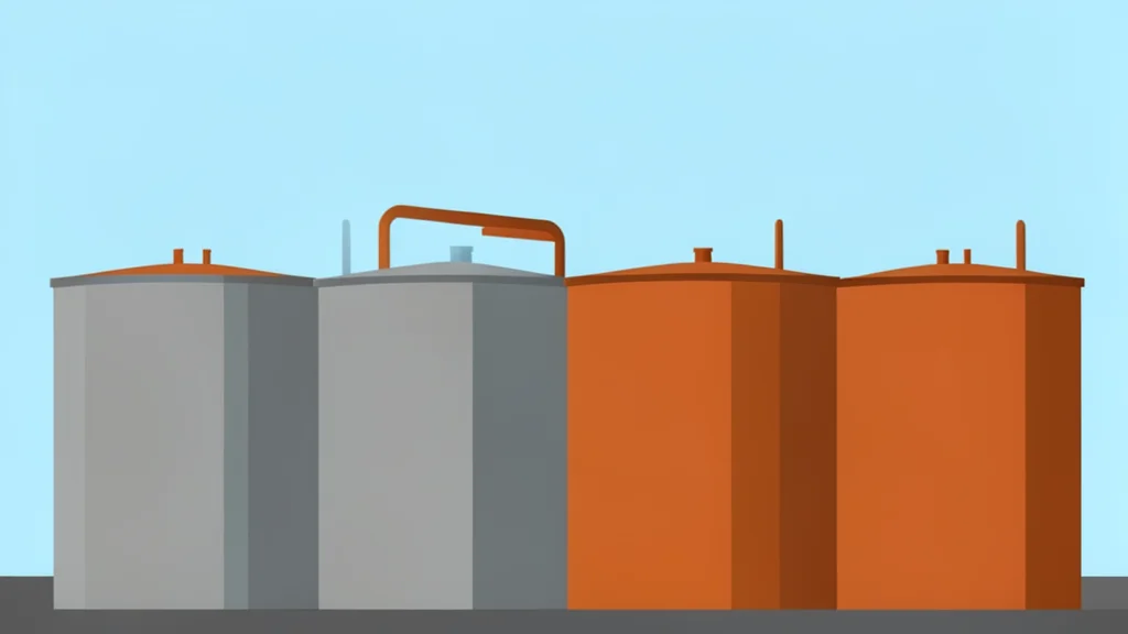 A row of industrial oil storage tanks under a clear sky