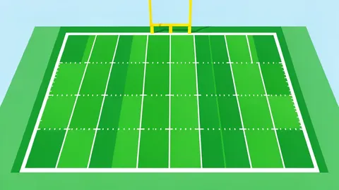 A flat-vector illustration of an American football field with yard lines and goalposts