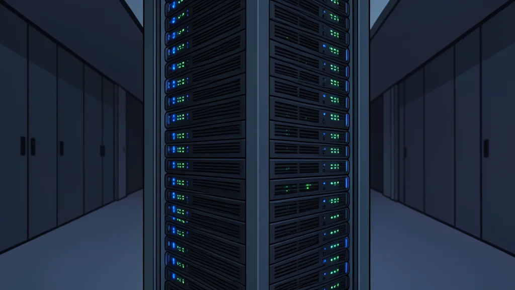 A modern server rack with blinking status lights in a dimly lit data center aisle