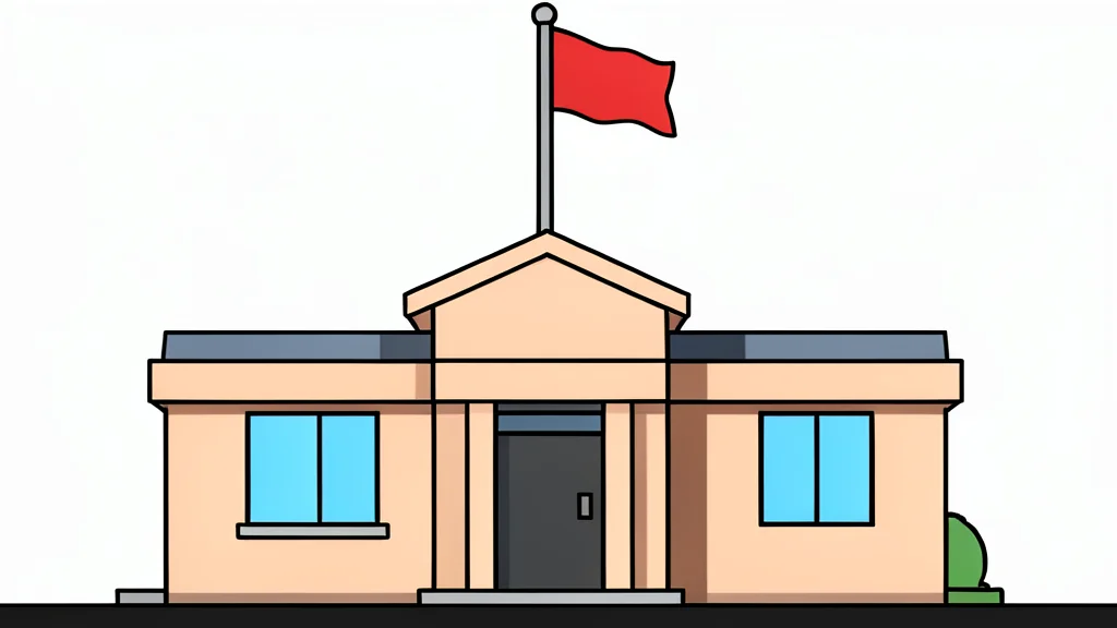 A stylized flat vector illustration of a police station building with a flagpole in a neutral landscape.