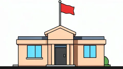 A stylized flat vector illustration of a police station building with a flagpole in a neutral landscape.