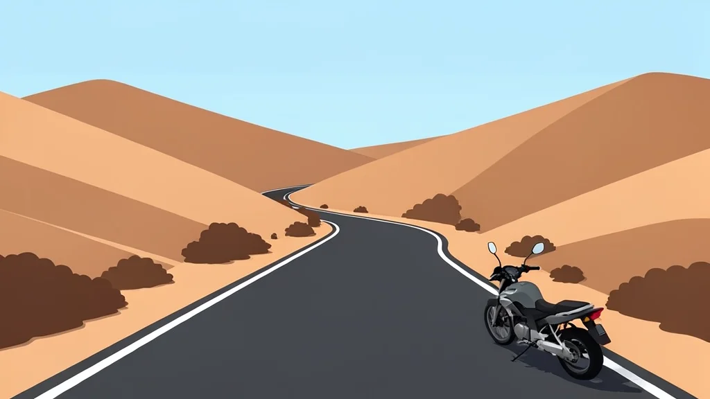 A paved rural road winding through arid hills with a single motorcycle parked on the shoulder.