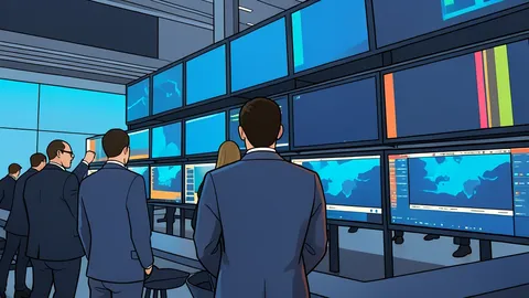 A modern stock exchange trading floor with rows of desks and monitors