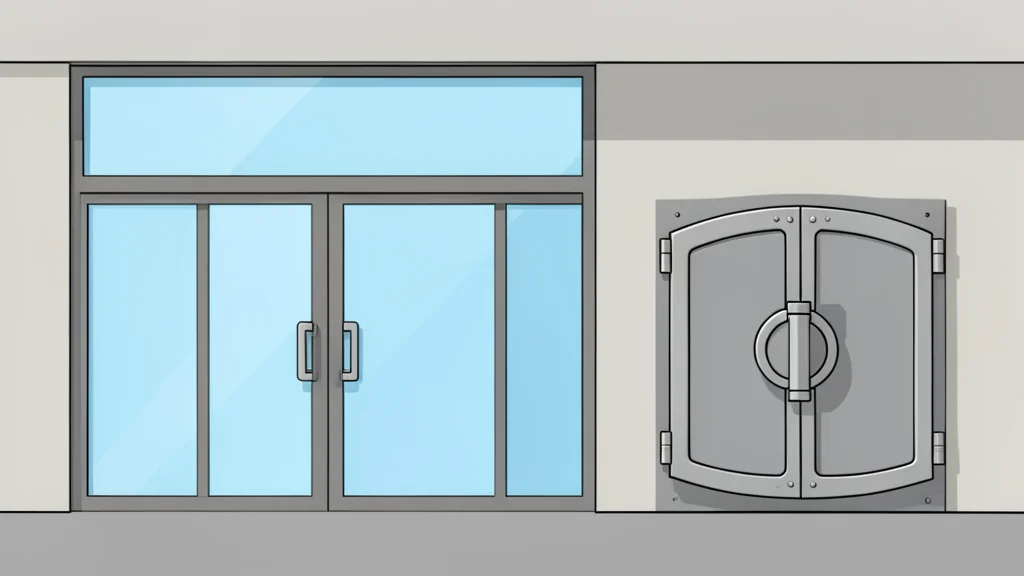 A modern bank branch facade featuring glass doors and a large metal security vault door.
