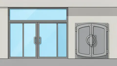 A modern bank branch facade featuring glass doors and a large metal security vault door.