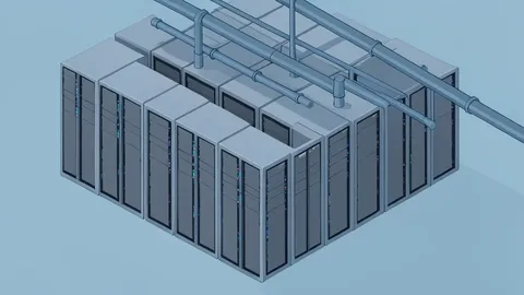 A flat-vector illustration of a large industrial data center facility with rows of server racks and cooling infrastructure.
