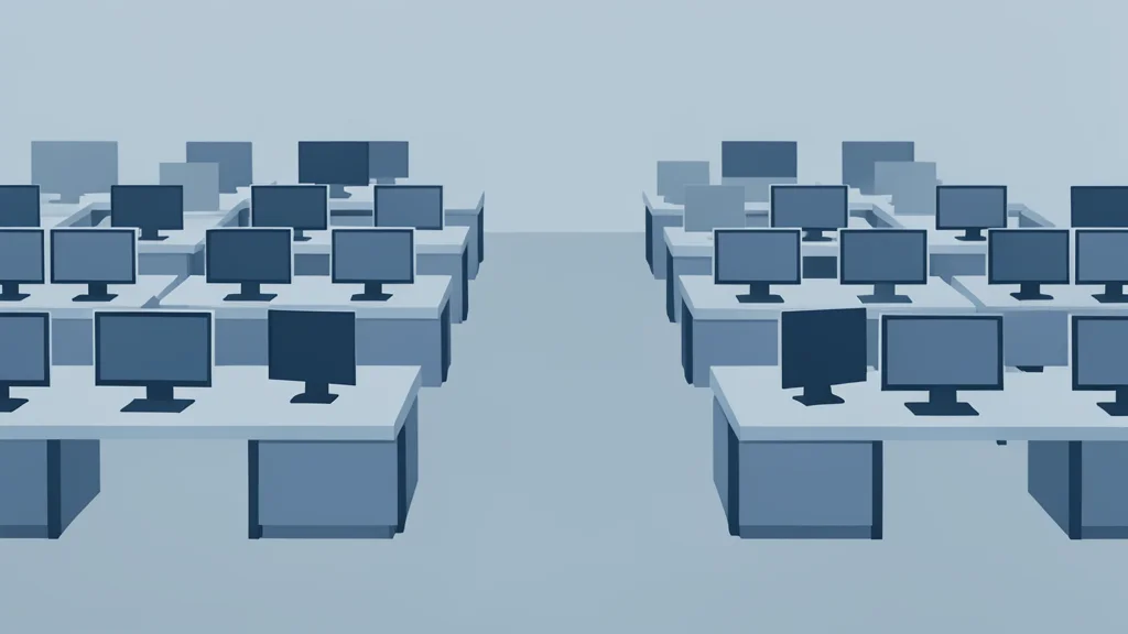 A modern trading floor with rows of empty desks and monitors