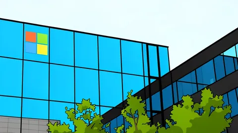A large industrial data center building with rows of server racks visible through a glass facade