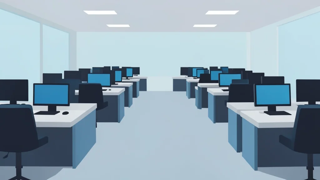 A flat vector illustration of a trading floor with rows of desks and monitors.