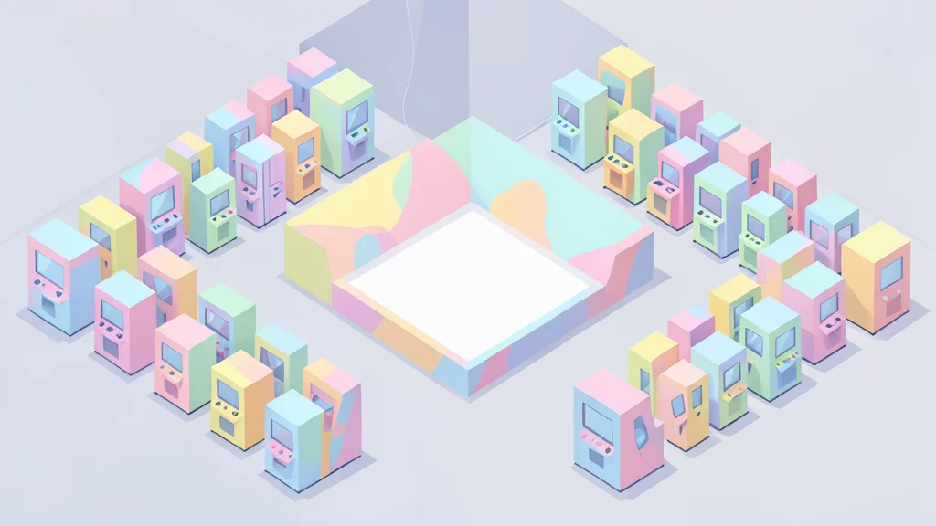 A stylized flat vector illustration of a large exhibition hall with rows of gaming booths and a central stage.