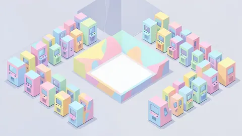 A stylized flat vector illustration of a large exhibition hall with rows of gaming booths and a central stage.