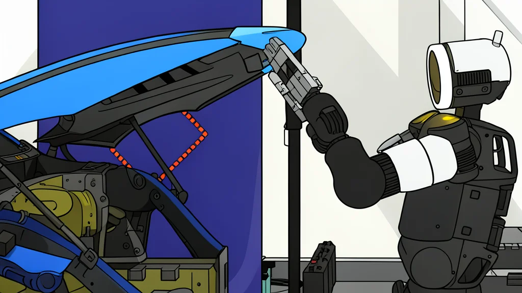A flat-vector illustration of a humanoid robot standing on a factory floor next to automotive assembly fixtures.