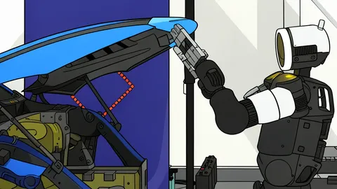 A flat-vector illustration of a humanoid robot standing on a factory floor next to automotive assembly fixtures.