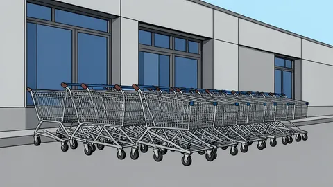 A large warehouse storefront with a row of shopping carts parked outside