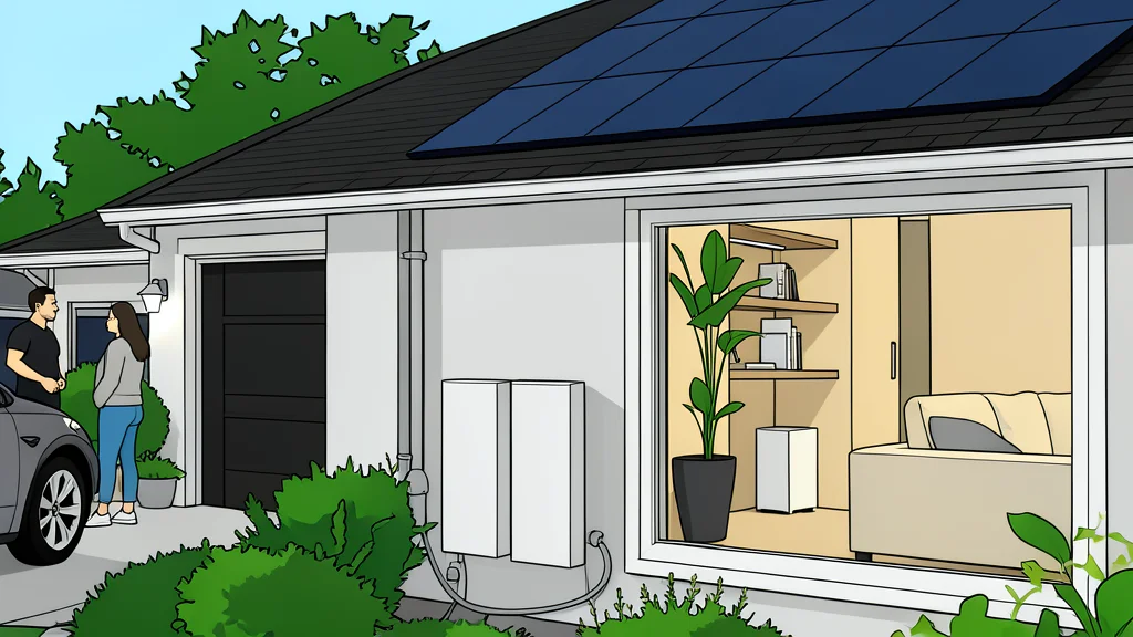 A row of white rectangular battery units mounted on a residential garage wall