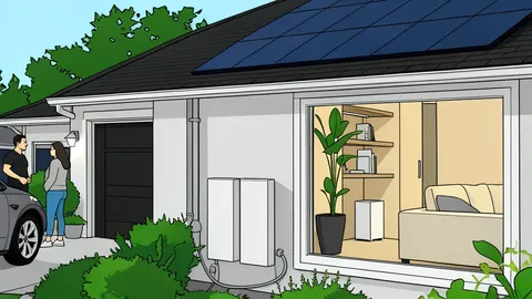 A row of white rectangular battery units mounted on a residential garage wall