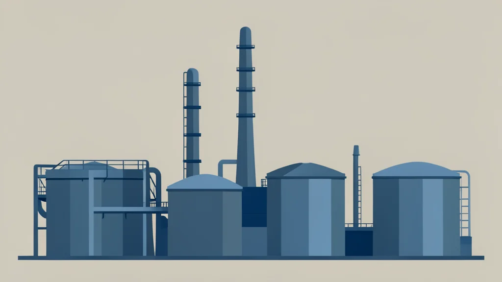 A large industrial oil refinery complex with tall distillation towers and storage tanks