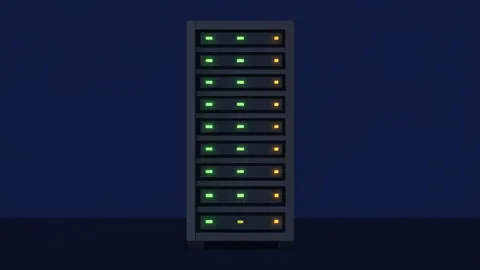 A server rack with blinking status lights in a dark data center