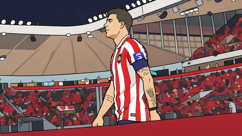 A flat-vector illustration of a green football pitch with white boundary lines and a goal net in the background.