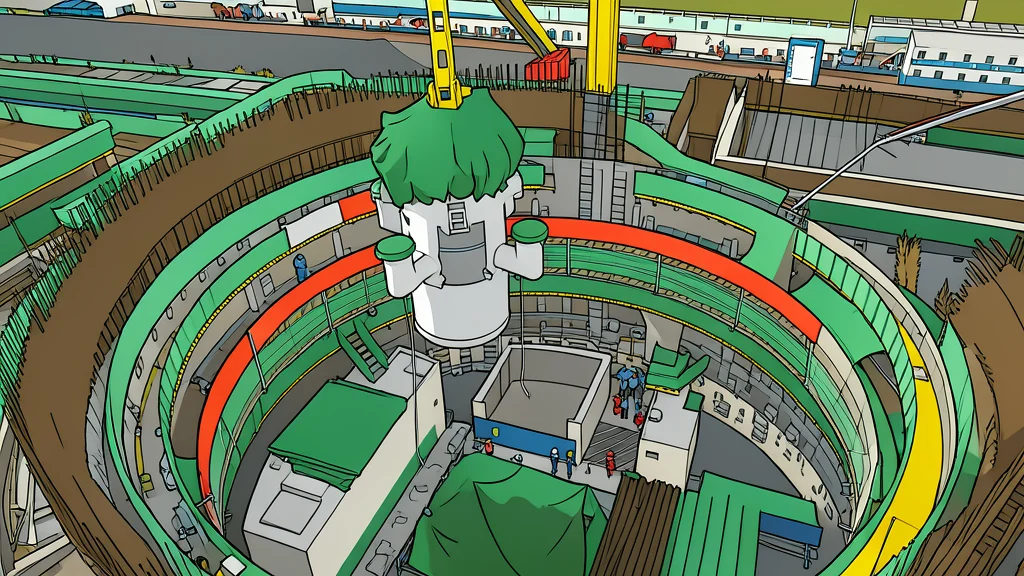 A large industrial cooling tower with steam rising from the top, standing next to a concrete reactor containment building in a coastal landscape.