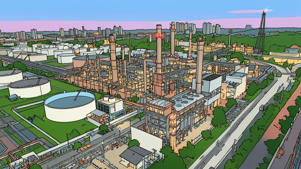 A large industrial refinery complex with tall distillation towers and interconnected piping against a clear sky
