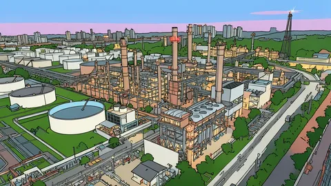 A large industrial refinery complex with tall distillation towers and interconnected piping against a clear sky