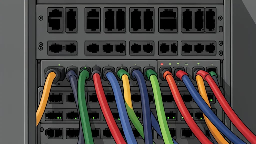 A flat-vector illustration of a server rack with blinking status lights