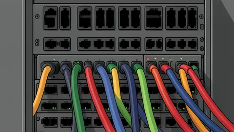 A flat-vector illustration of a server rack with blinking status lights