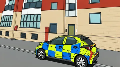A row of residential apartment buildings with police vehicles parked on the street in front