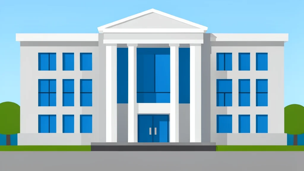 A flat-vector illustration of a modern United Nations building facade with abstract geometric patterns.