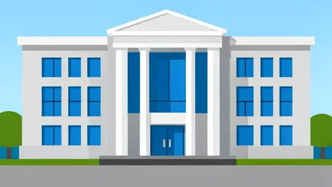 A flat-vector illustration of a modern United Nations building facade with abstract geometric patterns.