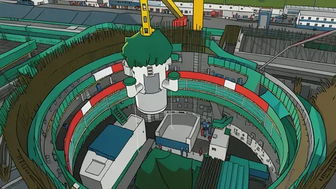 A large, cylindrical concrete containment structure of a nuclear power plant with cooling towers in the background.