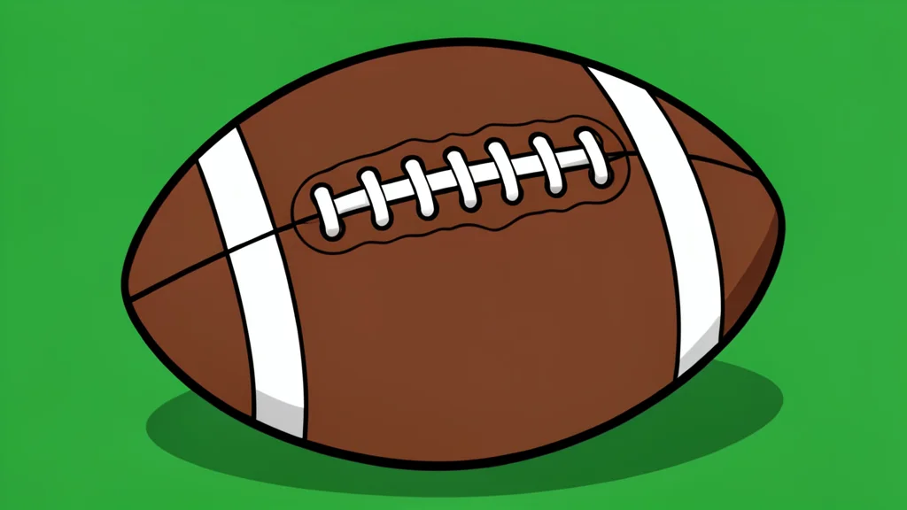 A stylized green football field with white yard lines and goalposts at the end zone